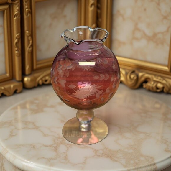 Hand Cut Cranberry Overlay Vase Deep Floral Design, Bohemian Style 8 inch Tall - Picture 9 of 9